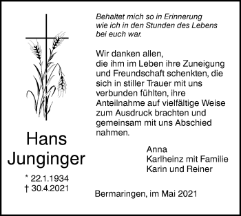 Traueranzeige von Hans Junginger von SÜDWEST PRESSE Ausgabe Ulm/Neu-Ulm