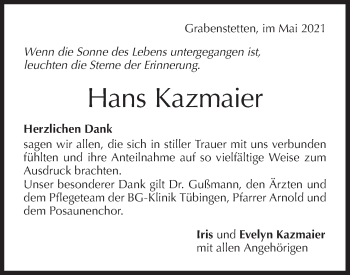 Traueranzeige von Hans Kazmaier von Alb-Bote/Metzinger-Uracher Volksblatt