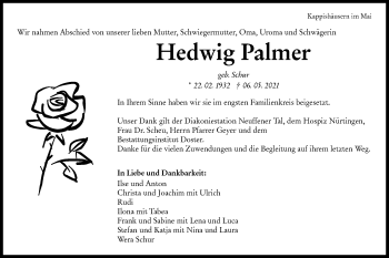 Traueranzeige von Hedwig Palmer von Metzinger-Uracher Volksblatt