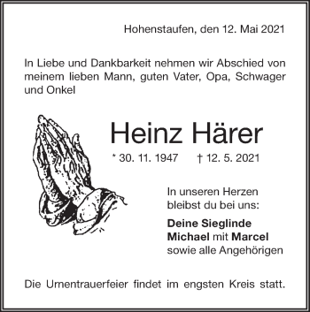 Traueranzeige von Heinz Härer von NWZ Neue Württembergische Zeitung