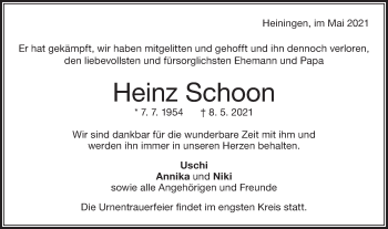 Traueranzeige von Heinz Schoon von NWZ Neue Württembergische Zeitung