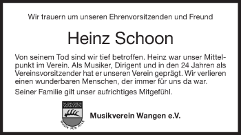 Traueranzeige von Heinz Schoon von NWZ Neue Württembergische Zeitung