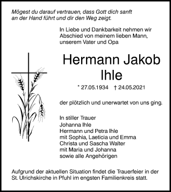 Traueranzeige von Hermann Jakob Ihle von SÜDWEST PRESSE Ausgabe Ulm/Neu-Ulm