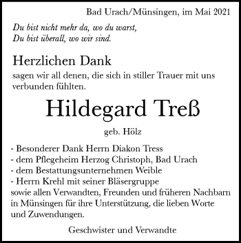 Traueranzeige von Hildegard Treß von Alb-Bote/Metzinger-Uracher Volksblatt