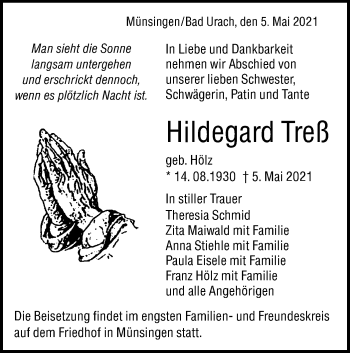 Traueranzeige von Hildegard Treß von Alb-Bote/Metzinger-Uracher Volksblatt