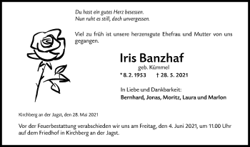 Traueranzeige von Iris Banzhaf von Hohenloher Tagblatt