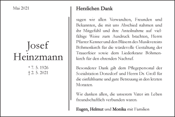 Traueranzeige von Josef Heinzmann von Geislinger Zeitung