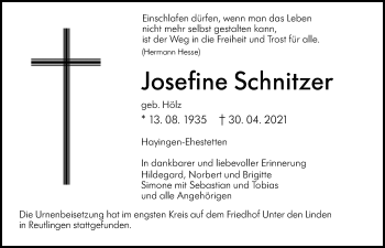 Traueranzeige von Josefine Schnitzer von Alb-Bote/Metzinger-Uracher Volksblatt