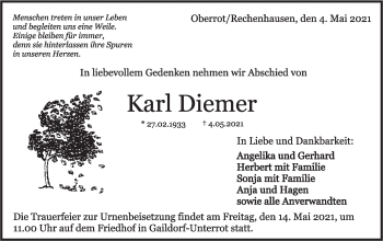 Traueranzeige von Karl Diemer von Hohenloher Tagblatt