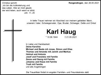 Traueranzeige von Karl Haug von Metzinger-Uracher Volksblatt