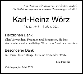 Traueranzeige von Karl-Heinz Wörz von Alb-Bote/Metzinger-Uracher Volksblatt