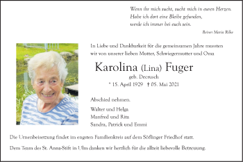 Traueranzeige von Karolina Fuger von SÜDWEST PRESSE Ausgabe Ulm/Neu-Ulm