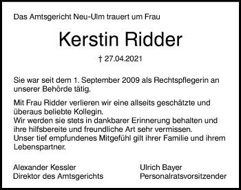 Traueranzeige von Kerstin Ridder von SÜDWEST PRESSE Ausgabe Ulm/Neu-Ulm