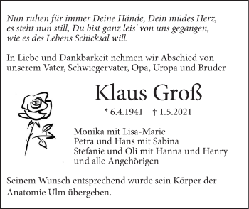 Traueranzeige von Klaus Groß von SÜDWEST PRESSE Ausgabe Ulm/Neu-Ulm