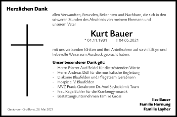 Traueranzeige von Kurt Bauer von Hohenloher Tagblatt