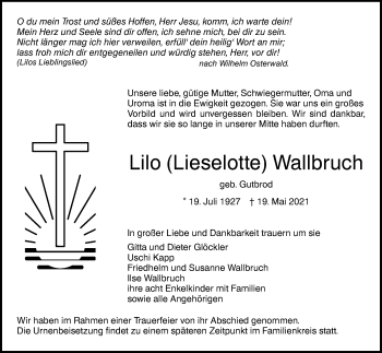 Traueranzeige von Lilo Wallbruch von SÜDWEST PRESSE Ausgabe Ulm/Neu-Ulm