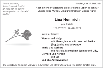 Traueranzeige von Lina Hennrich von Haller Tagblatt