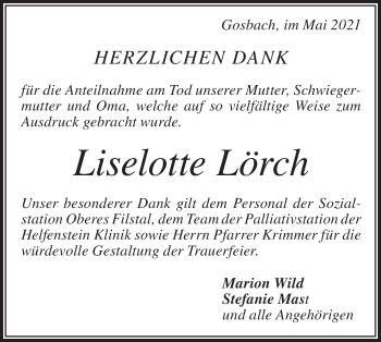 Traueranzeige von Liselotte Lörch von Geislinger Zeitung