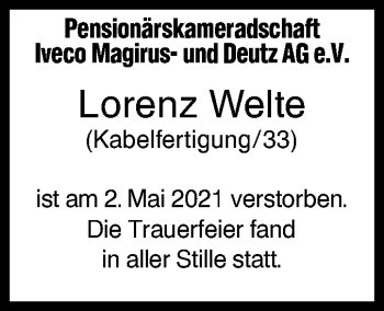 Traueranzeige von Lorenz Welte von SÜDWEST PRESSE Ausgabe Ulm/Neu-Ulm