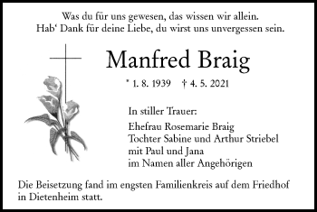 Traueranzeige von Manfred Braig von Illertal Bote