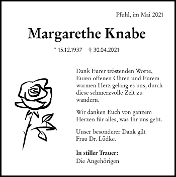 Traueranzeige von Margarethe Knabe von SÜDWEST PRESSE Ausgabe Ulm/Neu-Ulm