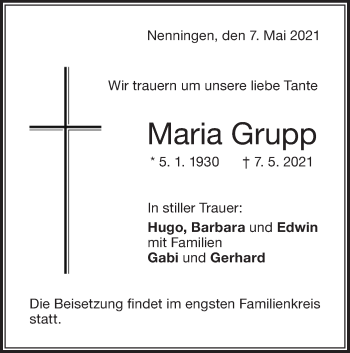 Traueranzeige von Maria Grupp von NWZ Neue Württembergische Zeitung