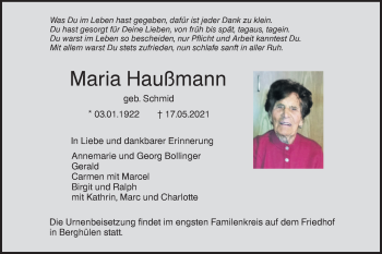 Traueranzeige von Maria Haußmann von SÜDWEST PRESSE Ausgabe Ulm/Neu-Ulm