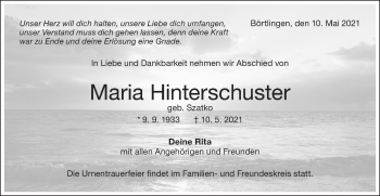 Traueranzeige von Maria Hinterschuster von NWZ Neue Württembergische Zeitung