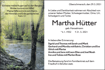 Traueranzeige von Martha Hütter von Haller Tagblatt