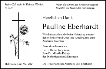 Traueranzeige von Pauline Eberhardt von Alb-Bote/Metzinger-Uracher Volksblatt