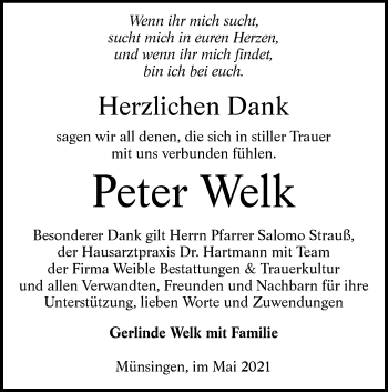 Traueranzeige von Peter Welk von Alb-Bote/Metzinger-Uracher Volksblatt