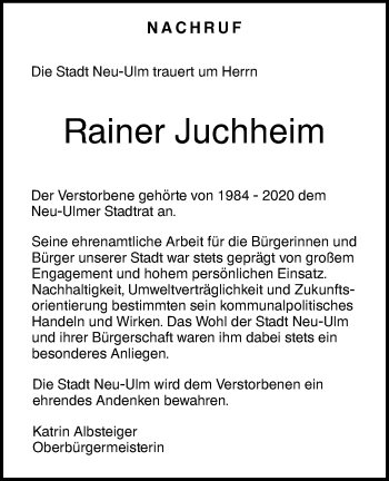 Traueranzeige von Rainer Juchheim von SÜDWEST PRESSE Ausgabe Ulm/Neu-Ulm