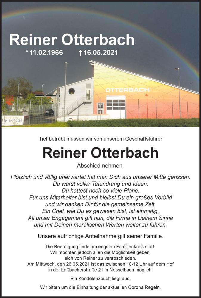  Traueranzeige für Reiner Otterbach vom 26.05.2021 aus Hohenloher Tagblatt