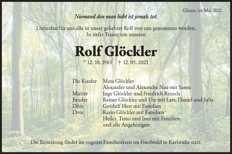  Traueranzeige für Rolf Glöckler vom 21.05.2021 aus Metzinger-Uracher Volksblatt