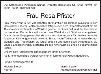 Traueranzeige von Rosa Pfister von Metzinger-Uracher Volksblatt