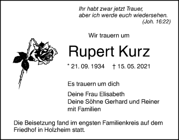 Traueranzeige von Rupert Kurz von SÜDWEST PRESSE Ausgabe Ulm/Neu-Ulm