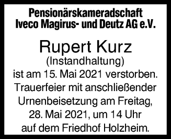 Traueranzeige von Rupert Kurz von SÜDWEST PRESSE Ausgabe Ulm/Neu-Ulm