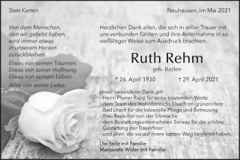 Traueranzeige von Ruth Rehm von Metzinger-Uracher Volksblatt