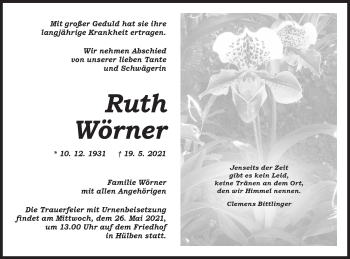 Traueranzeige von Ruth Wörner von Alb-Bote/Metzinger-Uracher Volksblatt