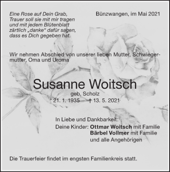 Traueranzeige von Susanne Woitsch von NWZ Neue Württembergische Zeitung