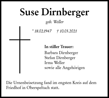 Traueranzeige von Suse Dirnberger von Hohenloher Tagblatt