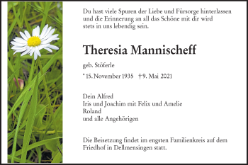 Traueranzeige von Theresia Mannischeff von SÜDWEST PRESSE Ausgabe Ulm/Neu-Ulm