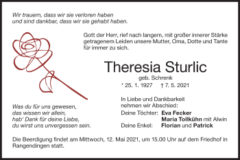 Traueranzeige von Theresia Sturlic von Metzinger-Uracher Volksblatt