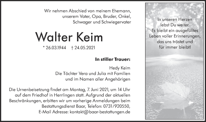  Traueranzeige für Walter Keim vom 29.05.2021 aus SÜDWEST PRESSE Ausgabe Ulm/Neu-Ulm