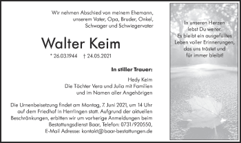 Traueranzeige von Walter Keim von SÜDWEST PRESSE Ausgabe Ulm/Neu-Ulm