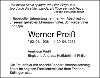 Traueranzeige von Werner Preiß von SÜDWEST PRESSE Ausgabe Ulm/Neu-Ulm