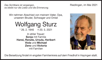 Traueranzeige von Wolfgang Sturz von Alb-Bote/Metzinger-Uracher Volksblatt