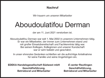 Traueranzeige von Aboudoulatifou Derman von Metzinger-Uracher Volksblatt