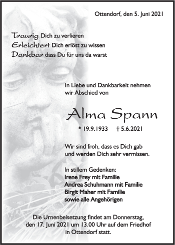 Traueranzeige von Alma Spann von Rundschau Gaildorf