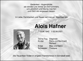 Traueranzeige von Alois Hafner von SÜDWEST PRESSE Ausgabe Ulm/Neu-Ulm